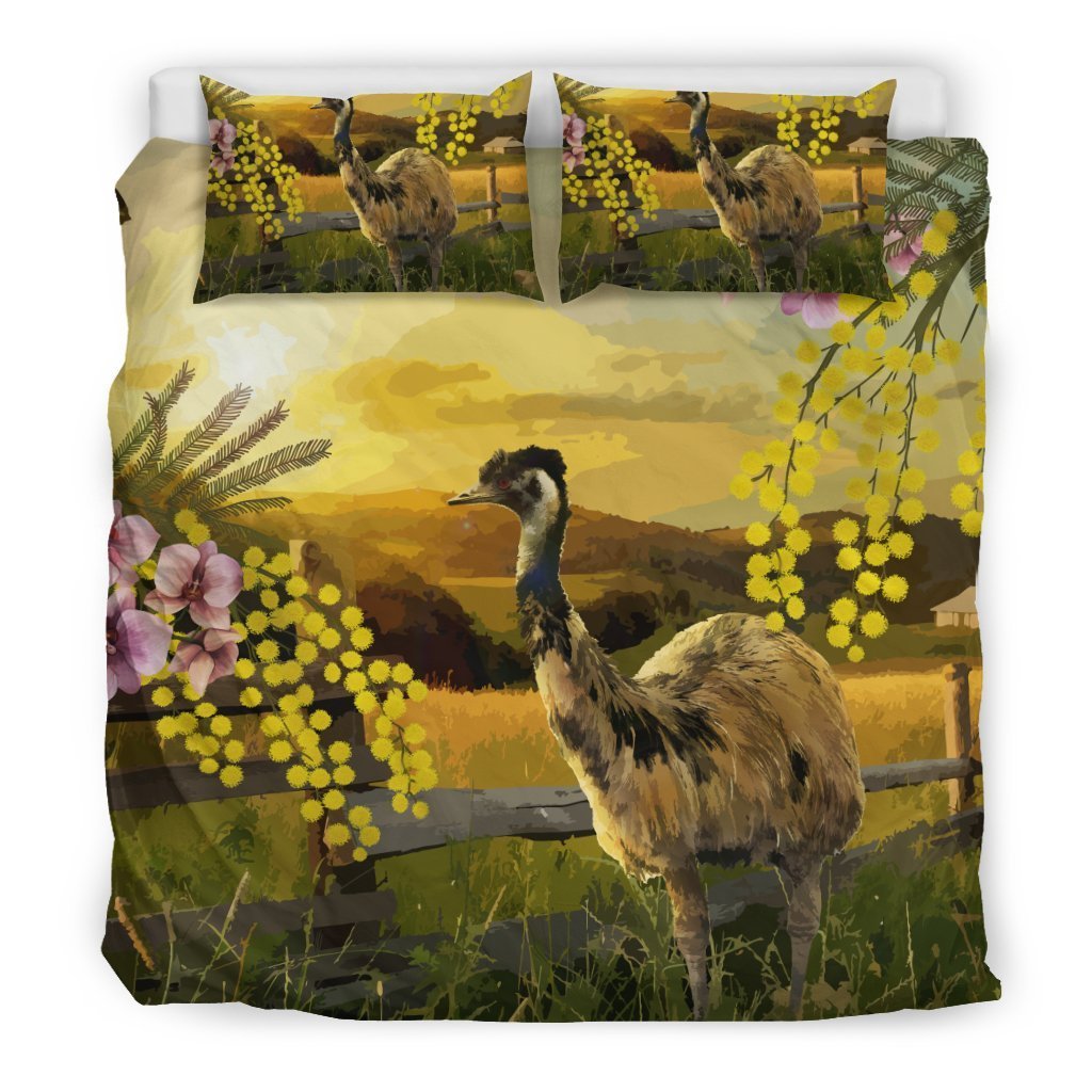 Australia Bedding Sets - Emus Bed Golden Wattle Flower Landscape Art Sets - Vibe Hoodie Shop