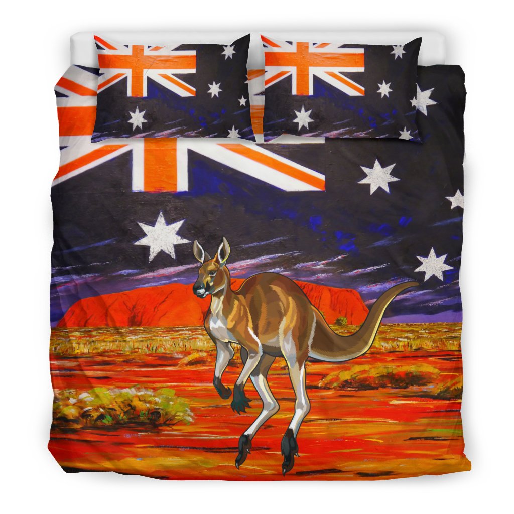 Aboriginal Bedding Sets, Kangaroo Aus Flag Uluru Landscape Art - Vibe Hoodie Shop