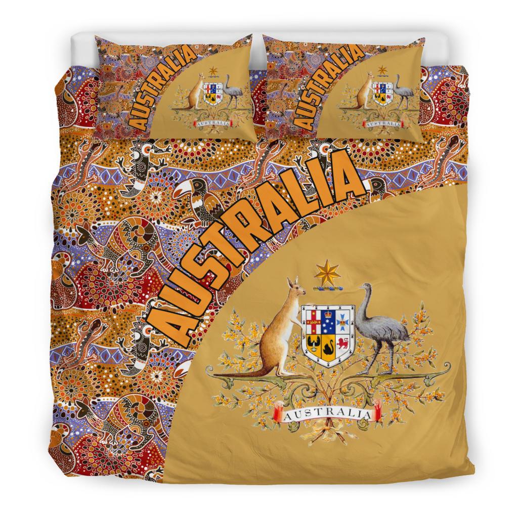 Aboriginal Bedding Sets, Australian Coat Of Arms Kangaroo Crocodile Kookaburra - Vibe Hoodie Shop