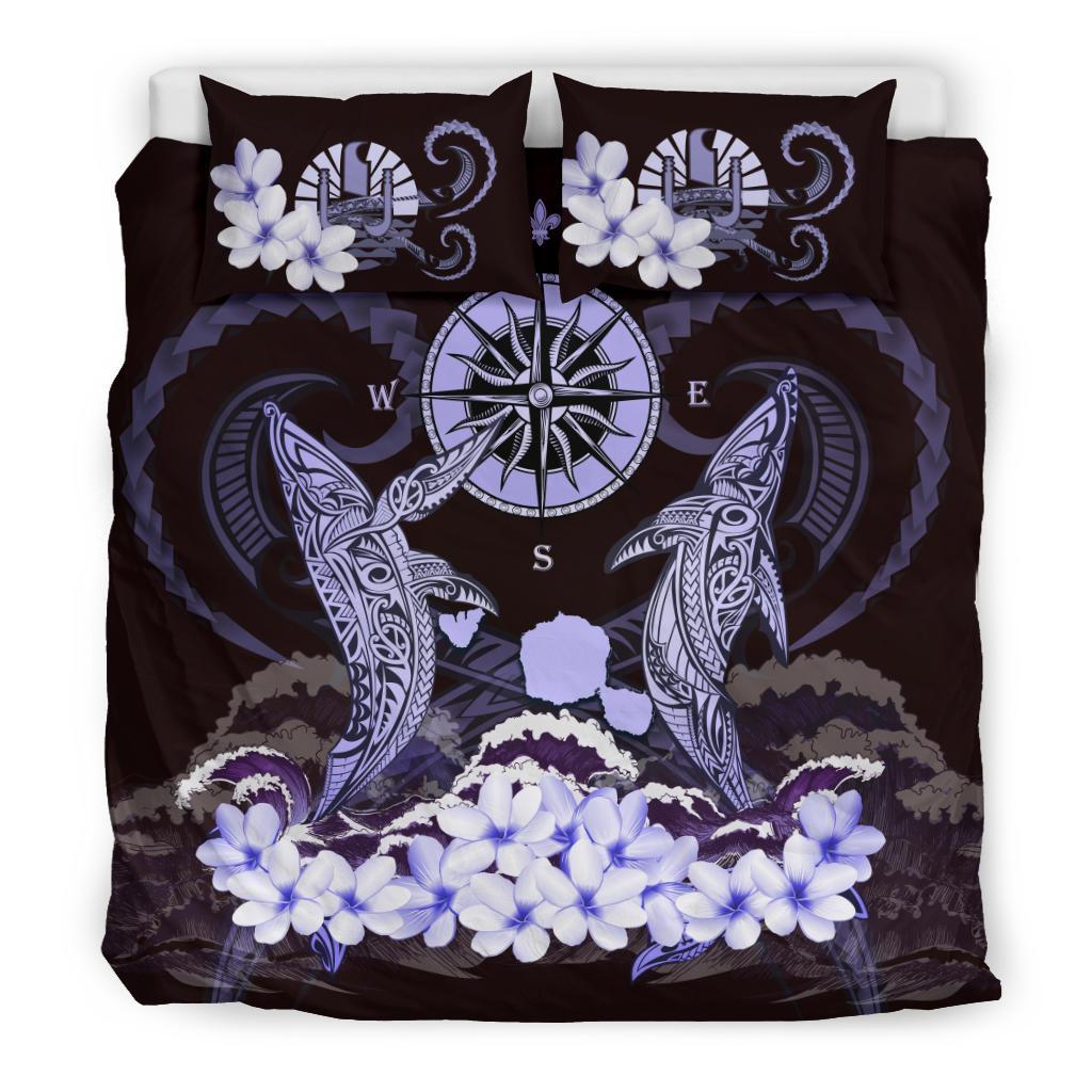 Tahiti Bedding Set - Shark Polynesia Compass Plumeria Purple - Vibe Hoodie Shop