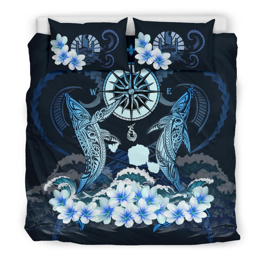 Tahiti Bedding Set - Shark Polynesia Compass Plumeria Blue - Vibe Hoodie Shop