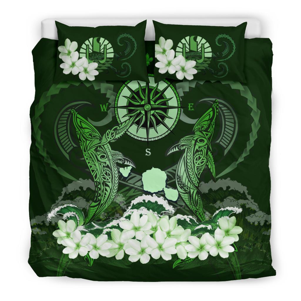 Tahiti Bedding Set - Shark Polynesia Compass Plumeria Green - Vibe Hoodie Shop