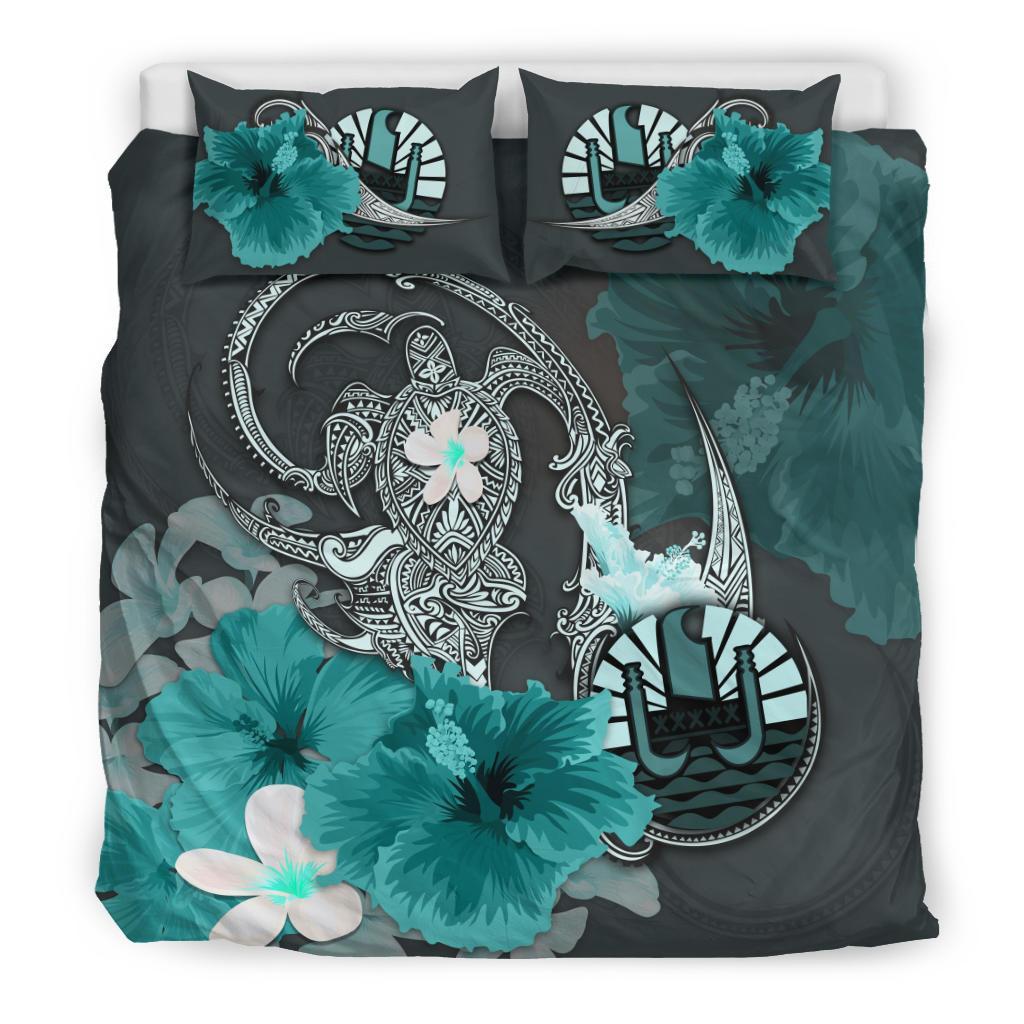 Tahiti Bedding Set - Hibiscus Turtle Tribal Turquoise - Vibe Hoodie Shop