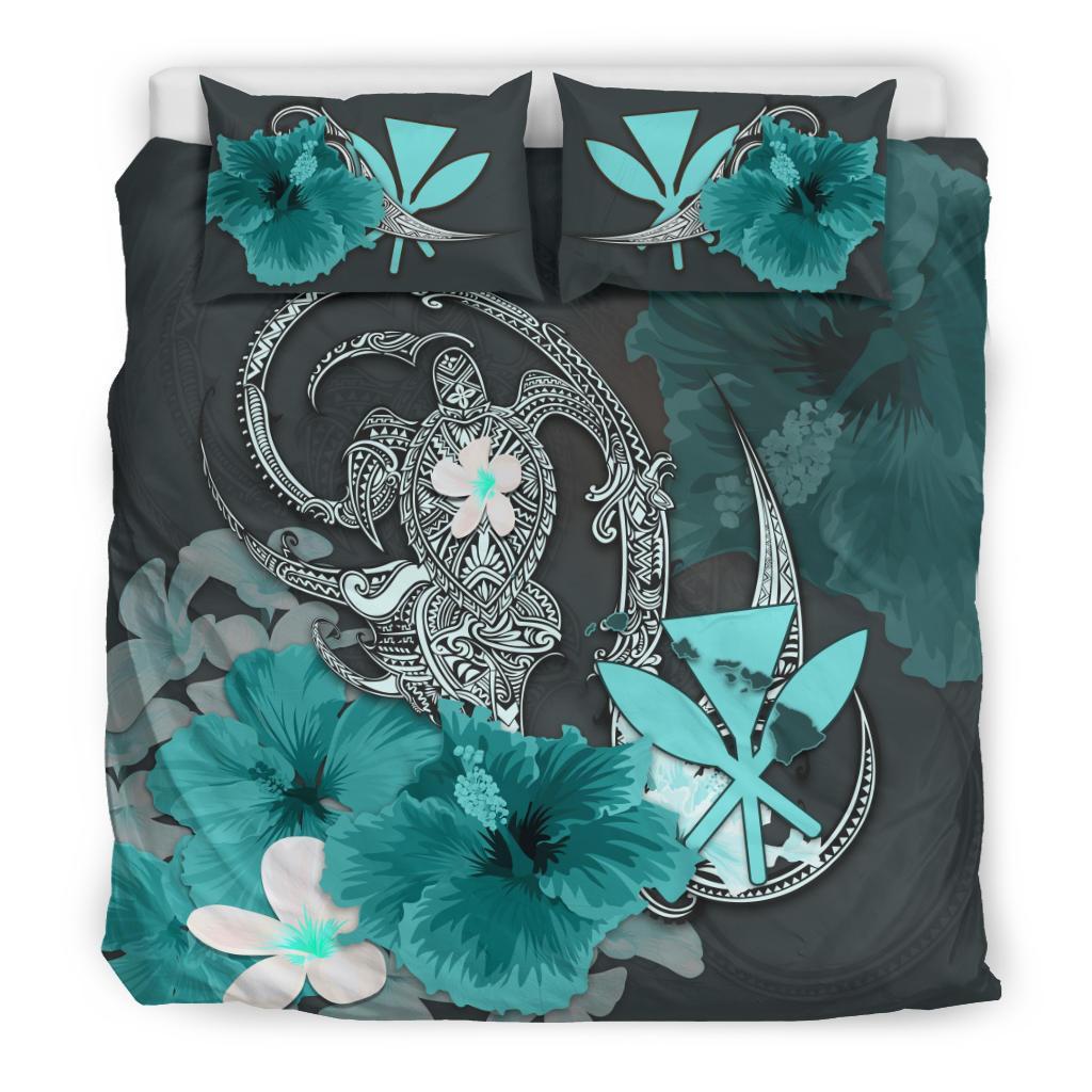 Kanaka Maoli (Hawaii) Bedding Set - Hibiscus Turtle Tribal Turquoise - Vibe Hoodie Shop