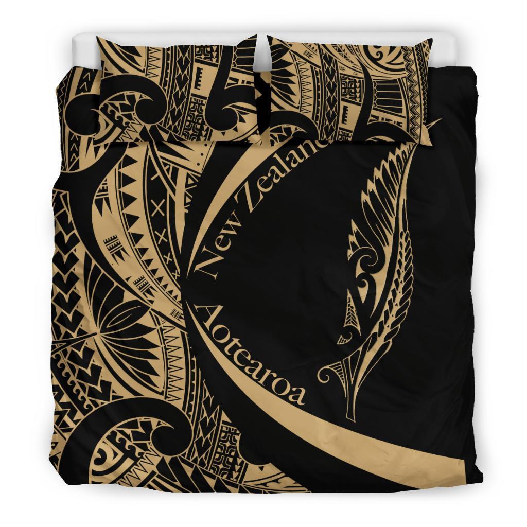 New Zealand Silver Fern Bedding Set Maori Tattoo Circle Style - Golden - Vibe Hoodie Shop