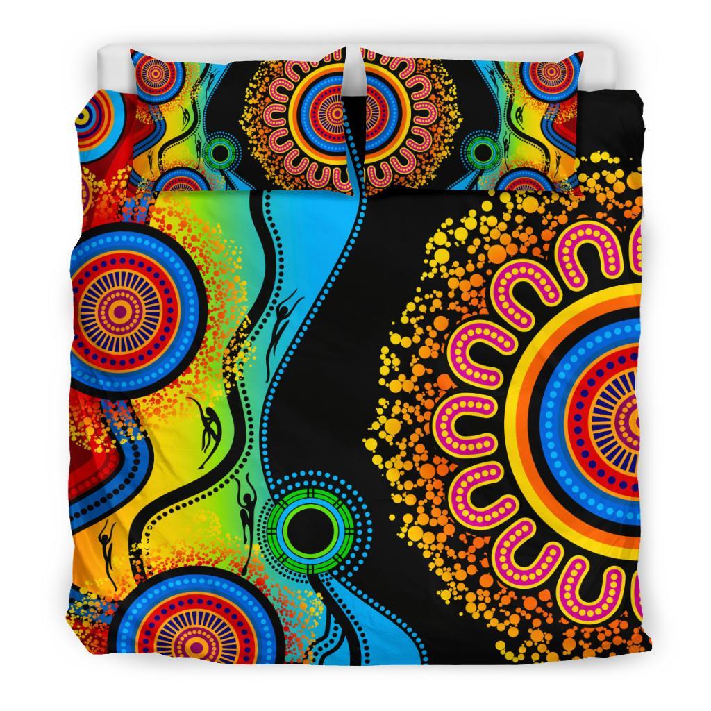 Aboriginal Bedding Set, Dot Painting Indigenous Circle Patterns Blue Dream - Vibe Hoodie Shop