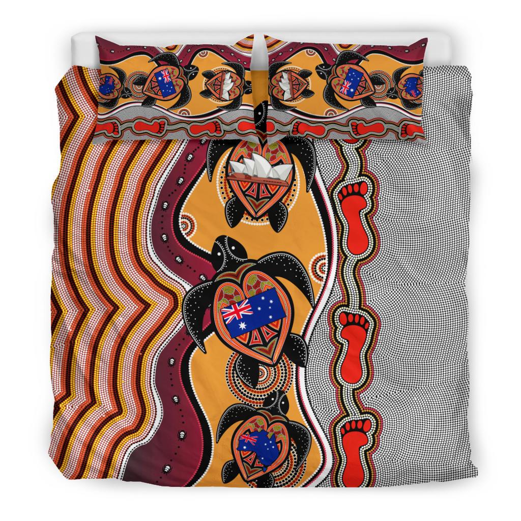 Aboriginal Bedding Set, Turtle Australia Flag Footprint Sydney Opera - Vibe Hoodie Shop