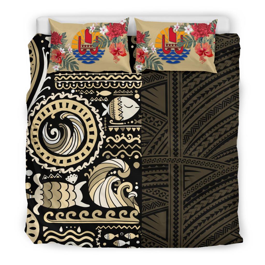 Tahiti Bedding Set - Gold Polynesian Hibiscus Tribal Style - Vibe Hoodie Shop