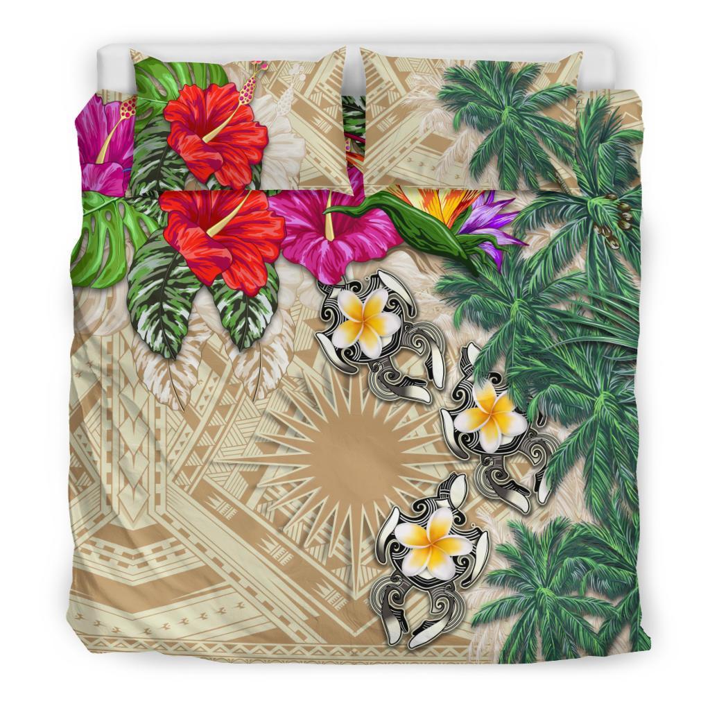 Marshall Islands Bedding Set - Hibiscus Turtle Tattoo Beige - Vibe Hoodie Shop