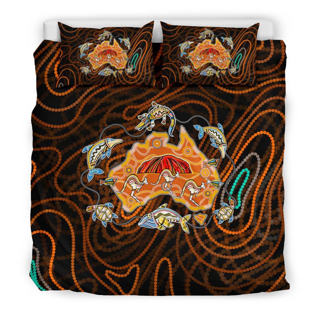 Aboriginal Bedding Set, Australia Map Kangaroo Crocodile Turtle Uluru - Vibe Hoodie Shop