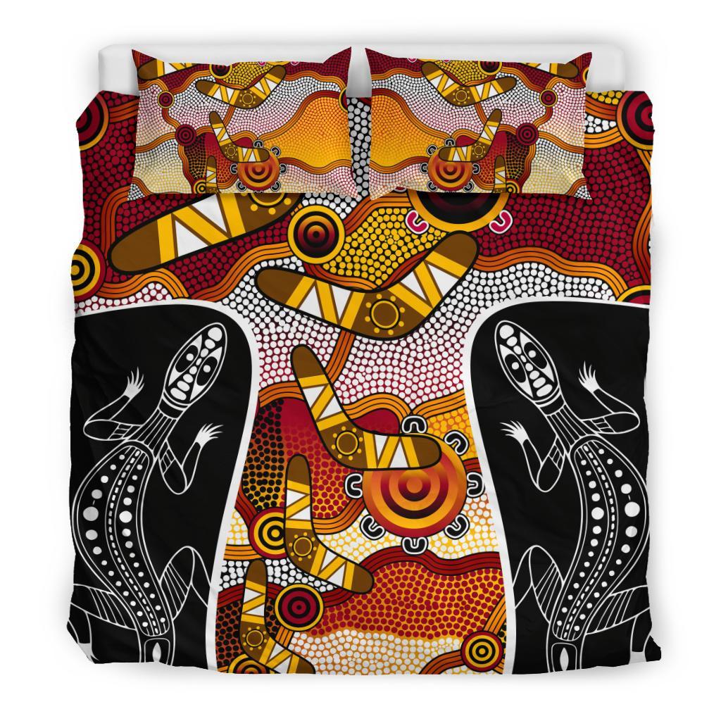 Aboriginal Bedding Set, Lizard Dot Painting Boomerang Patterns - Vibe Hoodie Shop