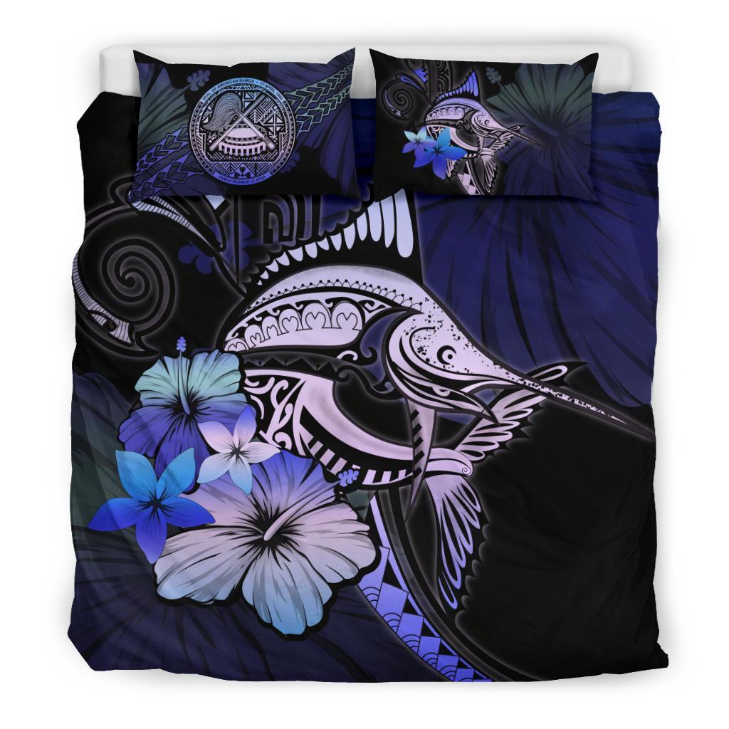 American Samoa Bedding Set - Purple Blue Marlin and Hibiscus - Vibe Hoodie Shop