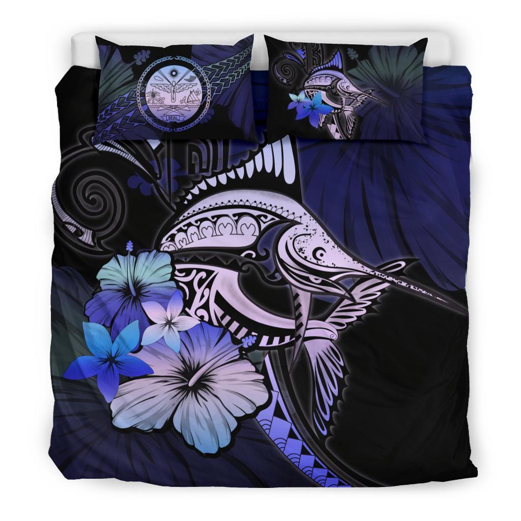 Marshall Islands Bedding Set - Purple Blue Marlin and Hibiscus - Vibe Hoodie Shop