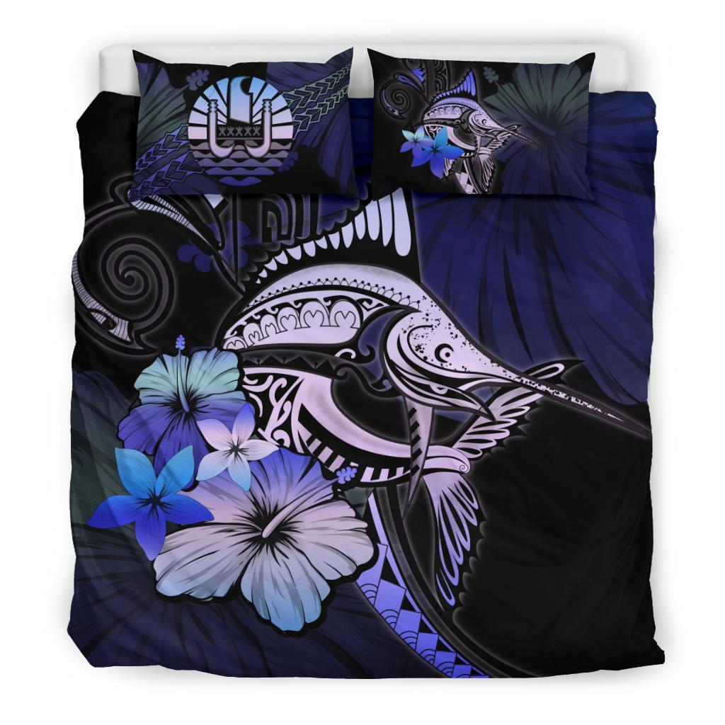 Tahiti Bedding Set - Purple Blue Marlin and Hibiscus - Vibe Hoodie Shop