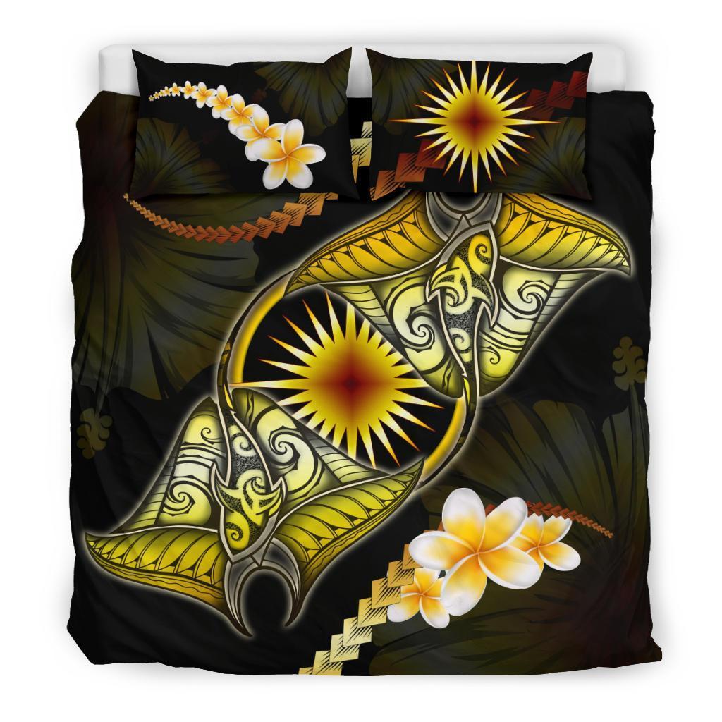 Marshall Islands Bedding Set Plumeria - Polynesian Manta Ray Yellow - Vibe Hoodie Shop