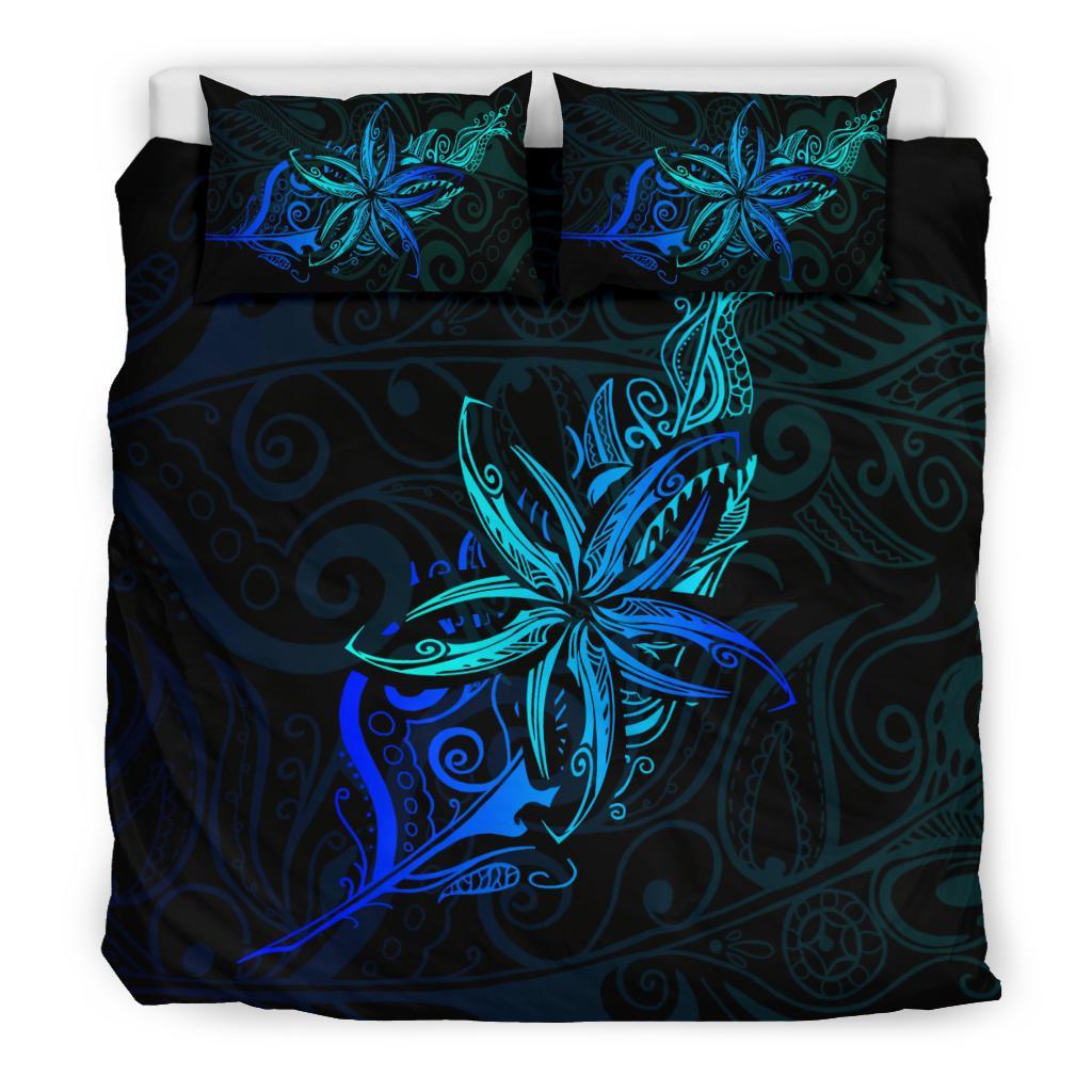 Light Silver Fern New Zealand Bedding Set, Frangipani Tattoo Duvet Covers - Blue - Vibe Hoodie Shop
