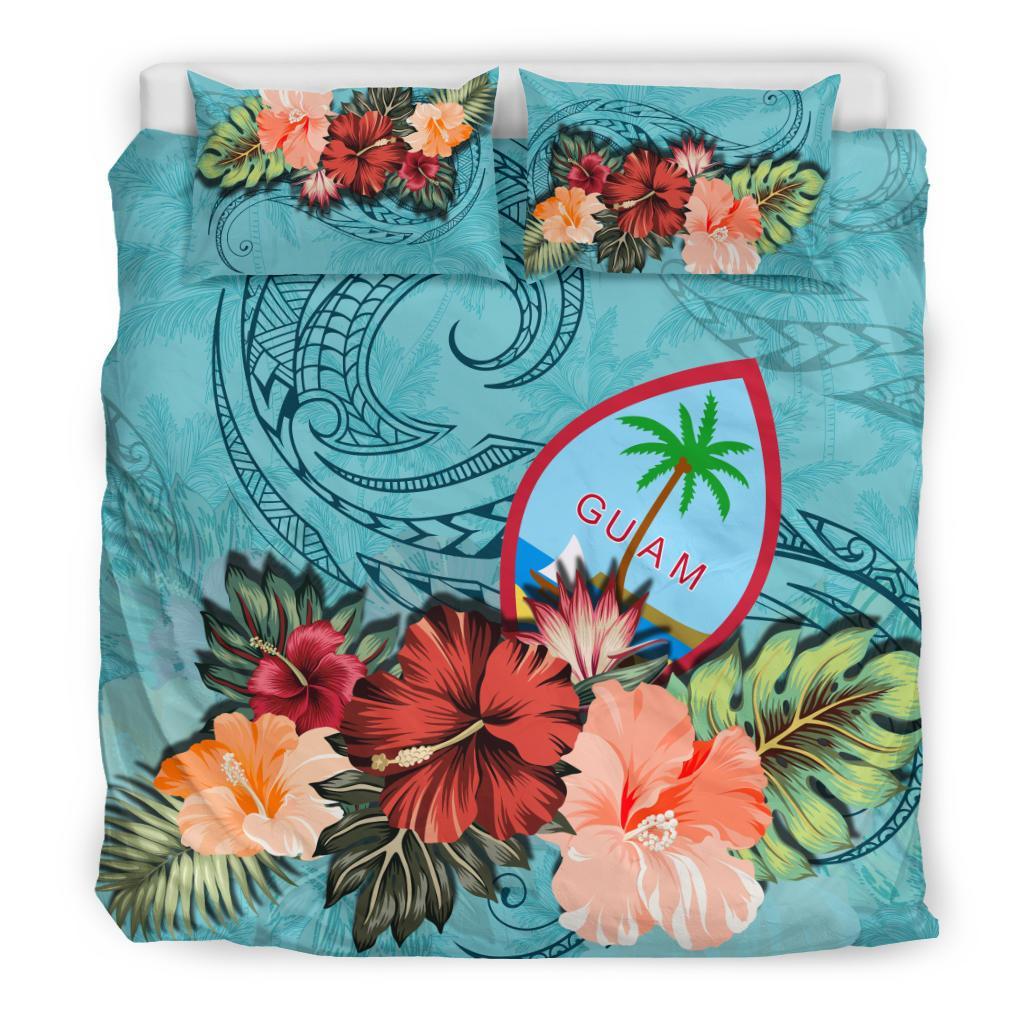 Guam Bedding Set Guam Hibiscus Polynesian Wave Coat Of Arms Duvet Cover Blue - Vibe Hoodie Shop