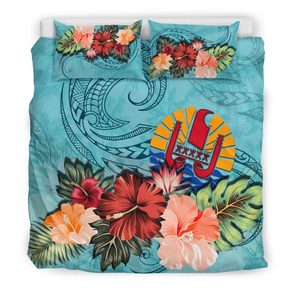 Tahiti Bedding Set Tahitian Hibiscus Polynesian Wave Coat Of Arms Duvet Cover Blue - Vibe Hoodie Shop