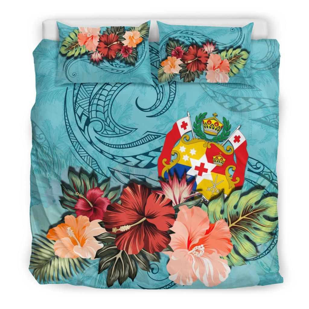 Tonga Bedding Set Tonga Hibiscus Polynesian Wave Coat Of Arms Duvet Cover Blue - Vibe Hoodie Shop