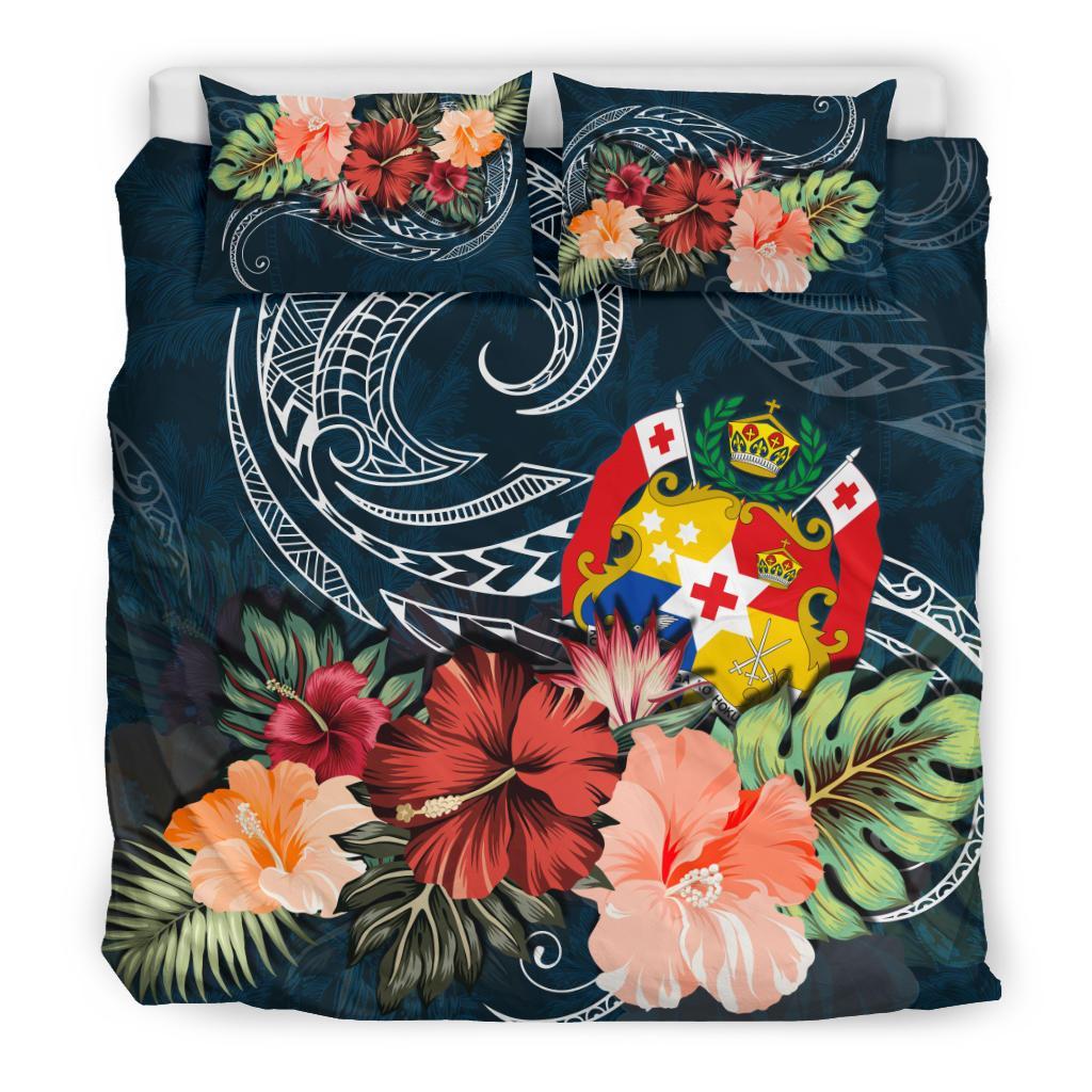 Tonga Bedding Set Tonga Hibiscus Polynesian Wave Coat Of Arms Duvet Cover - Vibe Hoodie Shop