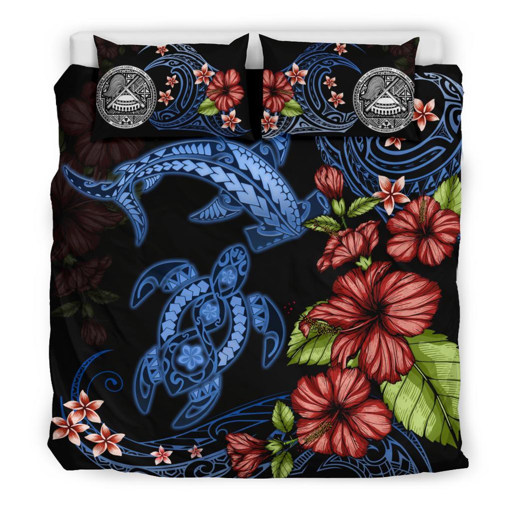 American Samoa Bedding Set Turtle And Shark Polynesian Hibiscus - Vibe Hoodie Shop