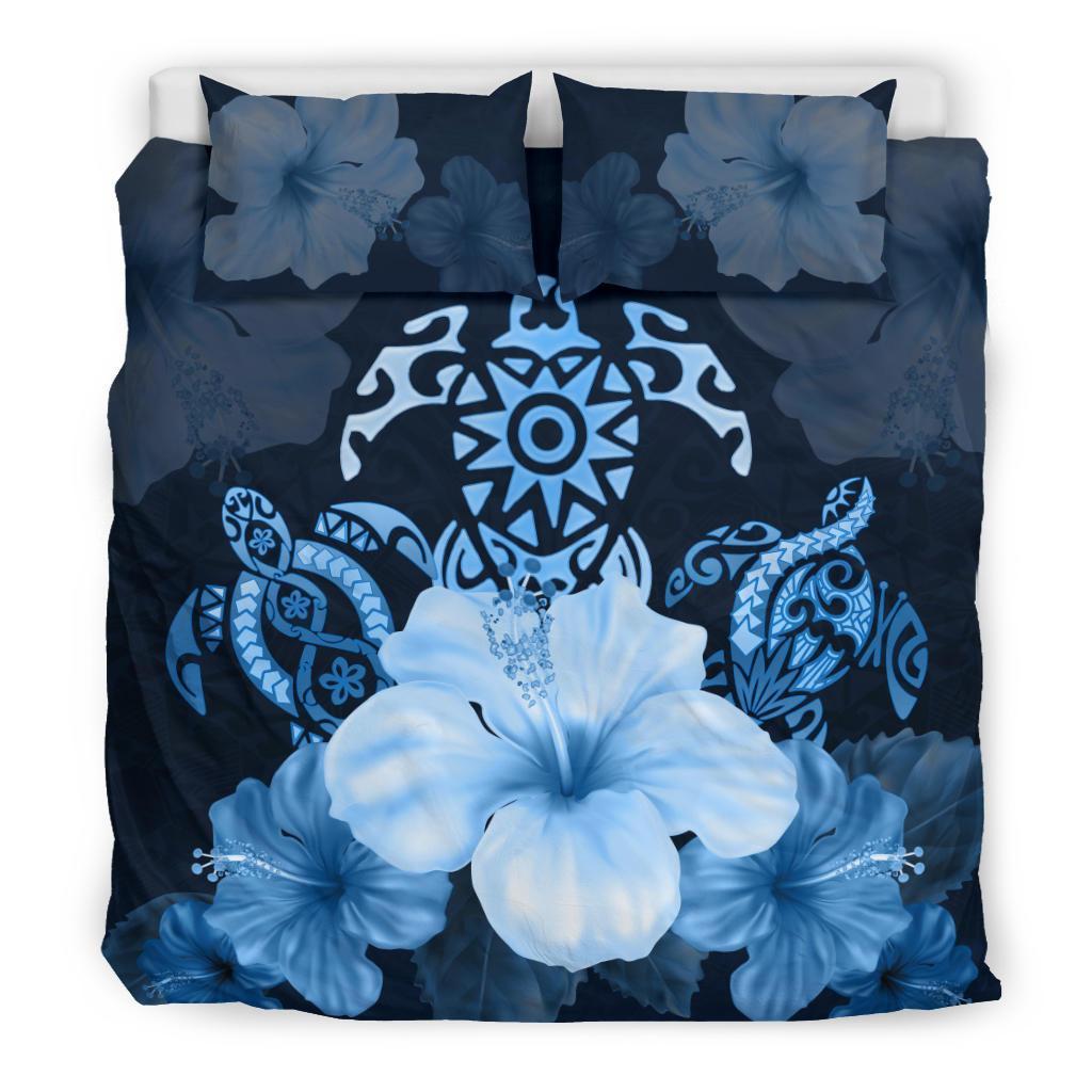 Turtle And Hibiscus Bedding Set - Blue Turtle Tribal - Vibe Hoodie Shop