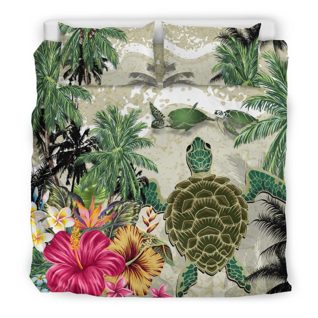 Turtle And Coconut Tree Bedding Set Hibiscus And Turtle On The Beach - Vibe Hoodie Shop