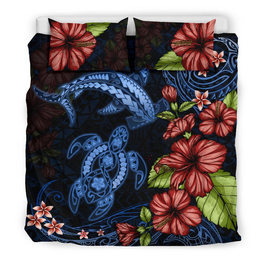 Turtle And Shark Bedding Set Hibiscus Polynesian - Vibe Hoodie Shop