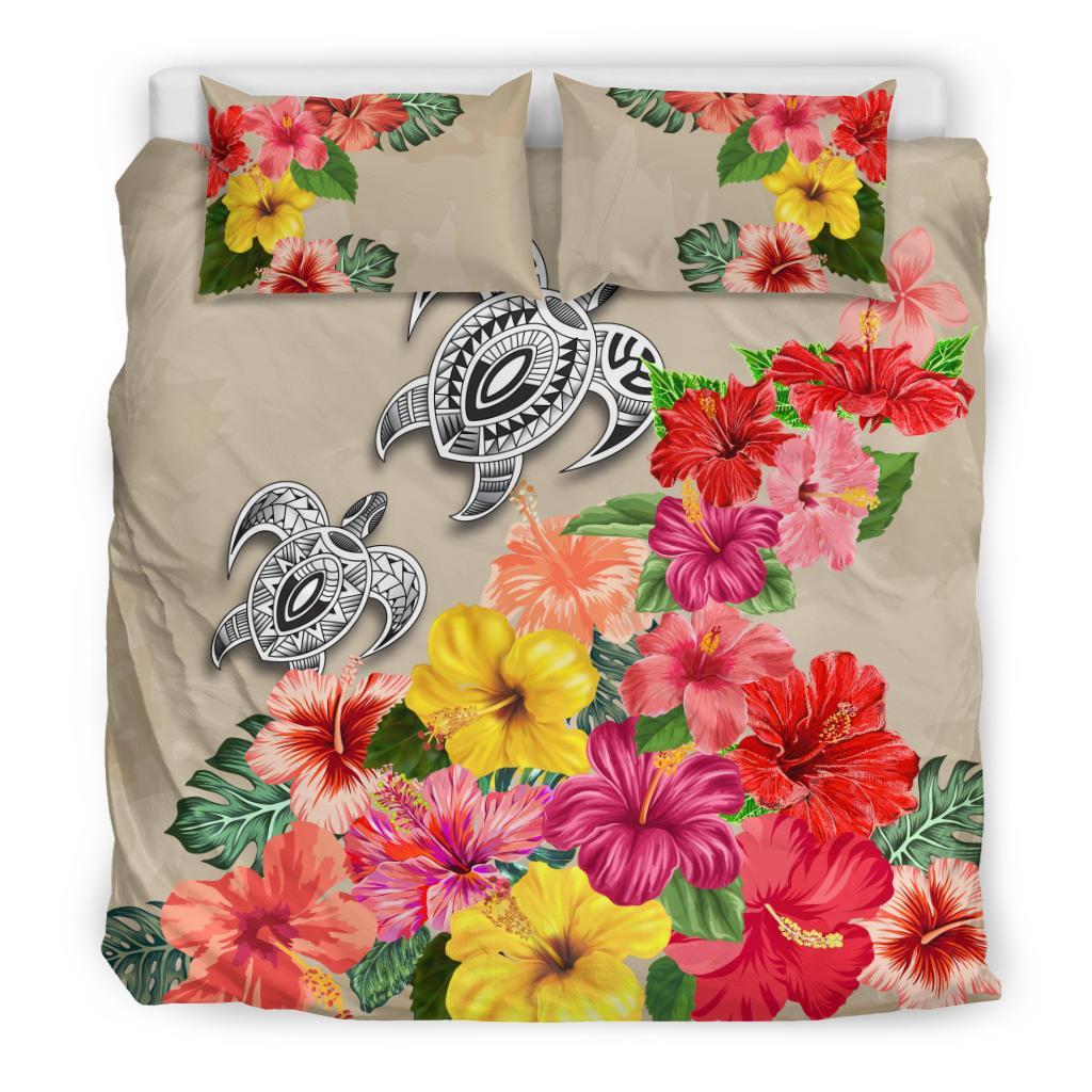 Turtle Polynesian Bedding Set Hibiscus Colorful - Vibe Hoodie Shop