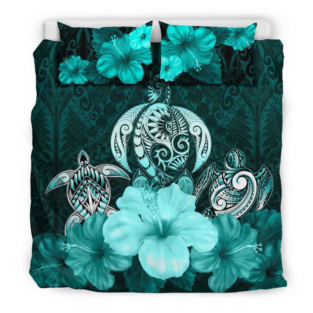 Three Turtle Polynesian Bedding Set Hibiscus Turquoise - Vibe Hoodie Shop