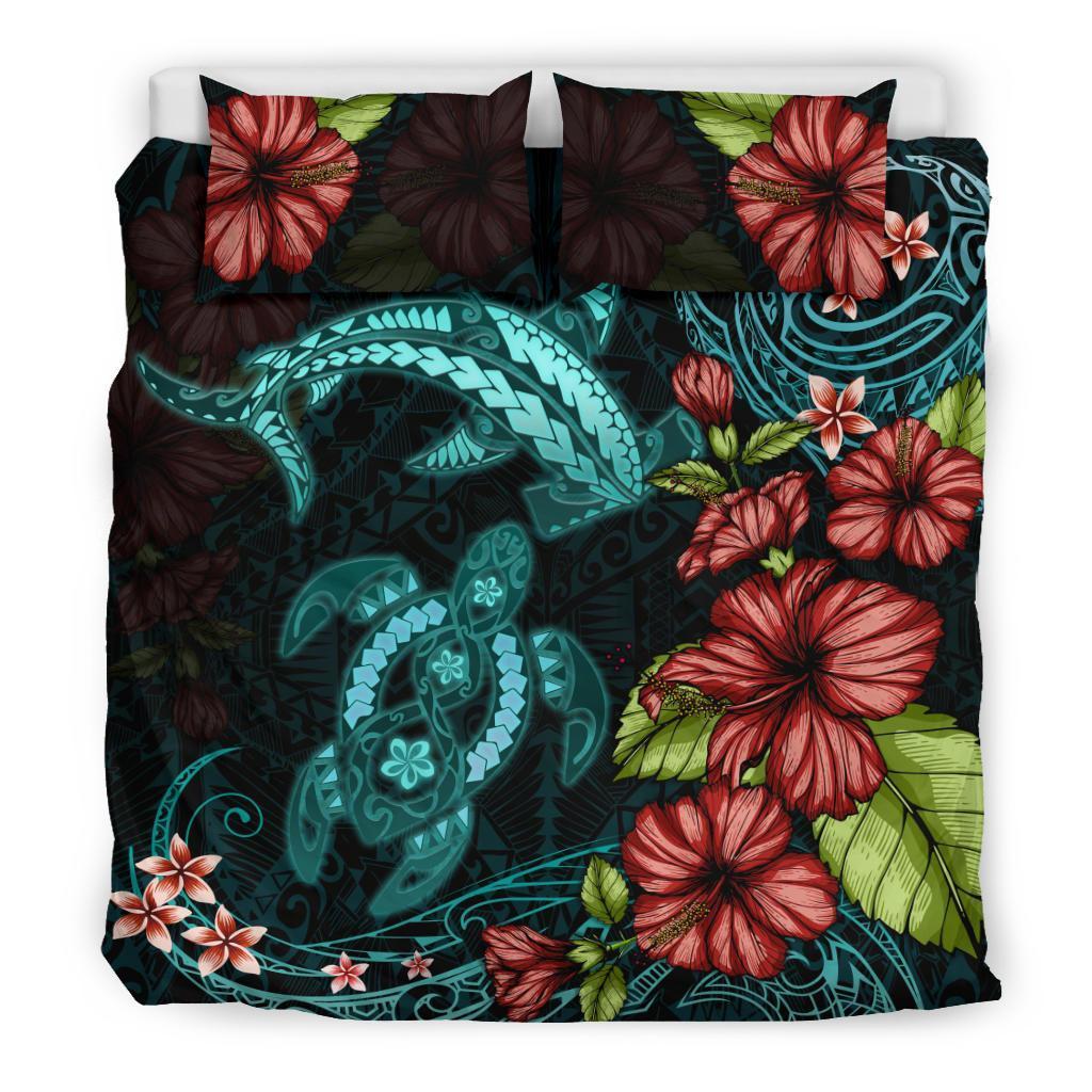 Shark And Turtle Bedding Set Hibiscus Turquoise - Vibe Hoodie Shop