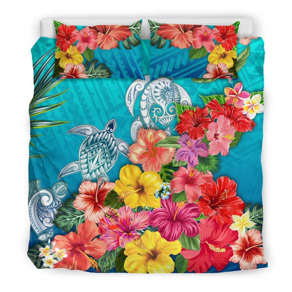 Three Turtle Polynesian Bedding Set Hibiscus Colorful - Vibe Hoodie Shop