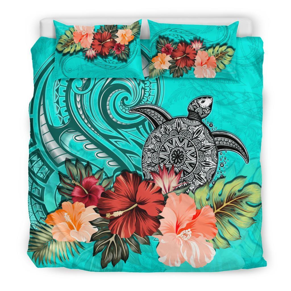 Turtle Polynesian Bedding Set Hibiscus Polynesian Turquoise - Vibe Hoodie Shop