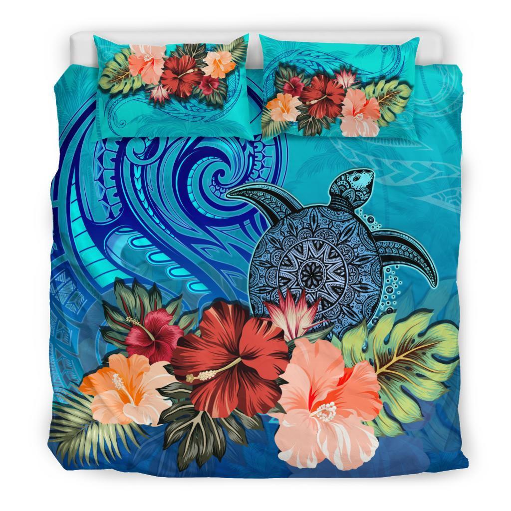 Turtle And Hibiscus Bedding Set Polynesian Blue - Vibe Hoodie Shop