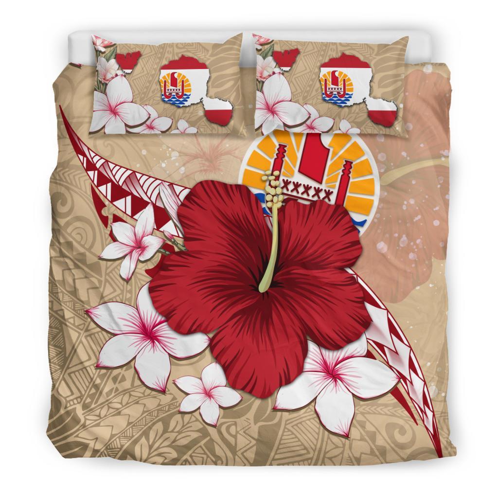 Tahiti Bedding Set - Beige Poly Hibiscus And Maps - Vibe Hoodie Shop