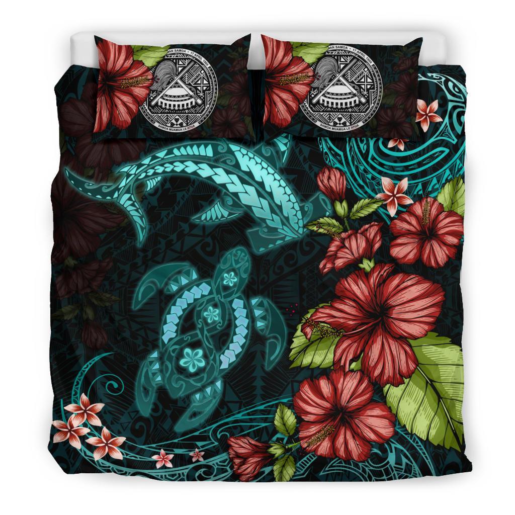 American Samoa Bedding Set Shark and Turtle Turquoise Hibiscus - Vibe Hoodie Shop