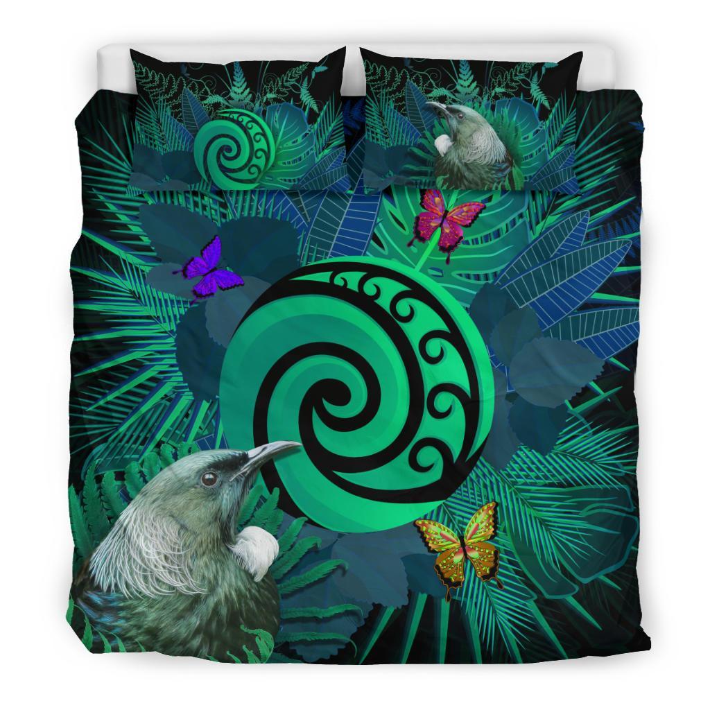 New Zealand Bedding Set Koru Fern Mix Tui Bird - Tropical Floral Turquoise - Vibe Hoodie Shop