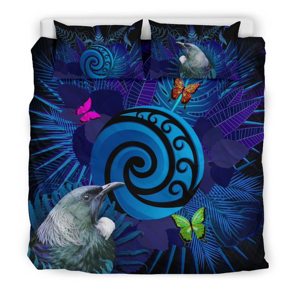 New Zealand Bedding Set Koru Fern Mix Tui Bird - Tropical Floral Blue - Vibe Hoodie Shop