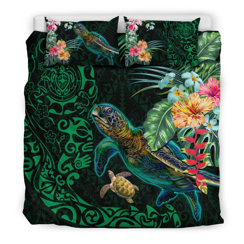 Tiki Polynesian Bedding Set Turtle Hibiscus - Green - Vibe Hoodie Shop