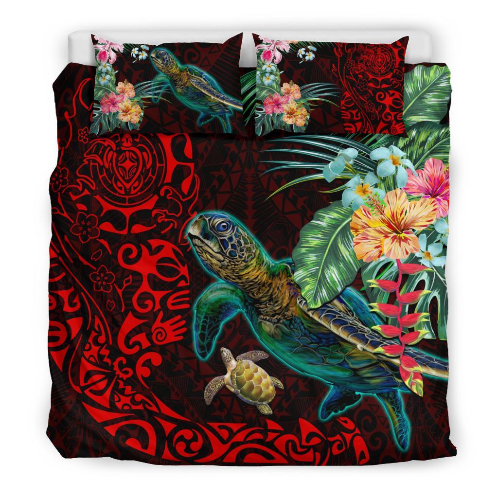 Tiki Polynesian Bedding Set Turtle Hibiscus - Red - Vibe Hoodie Shop