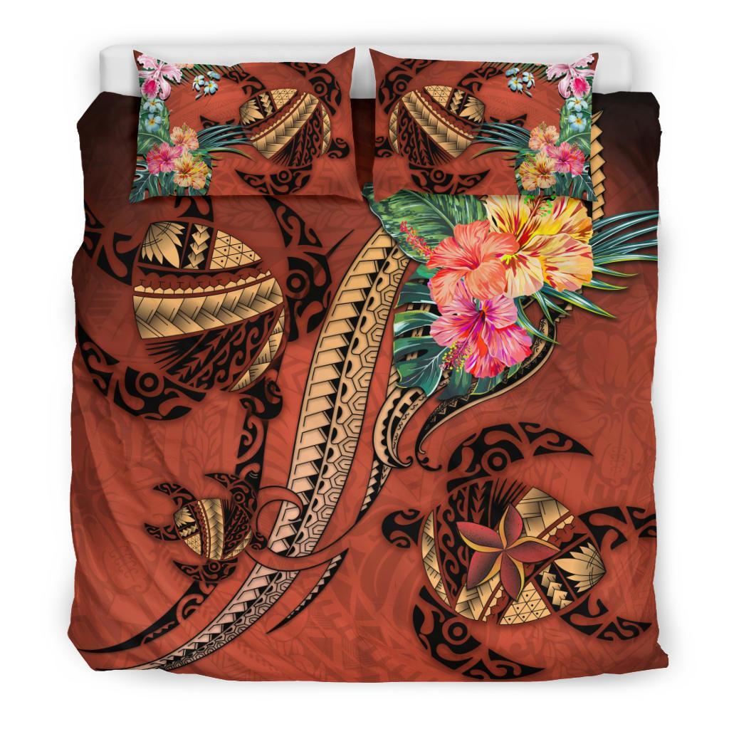 Polynesian Turtle Bedding Set - Tribal Tattoo With Hibiscus Coral - Vibe Hoodie Shop