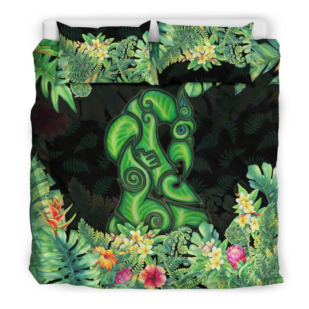 Maori Manaia Bedding Set Tropical Koru Fern With Plumeria Hibiscus - Vibe Hoodie Shop