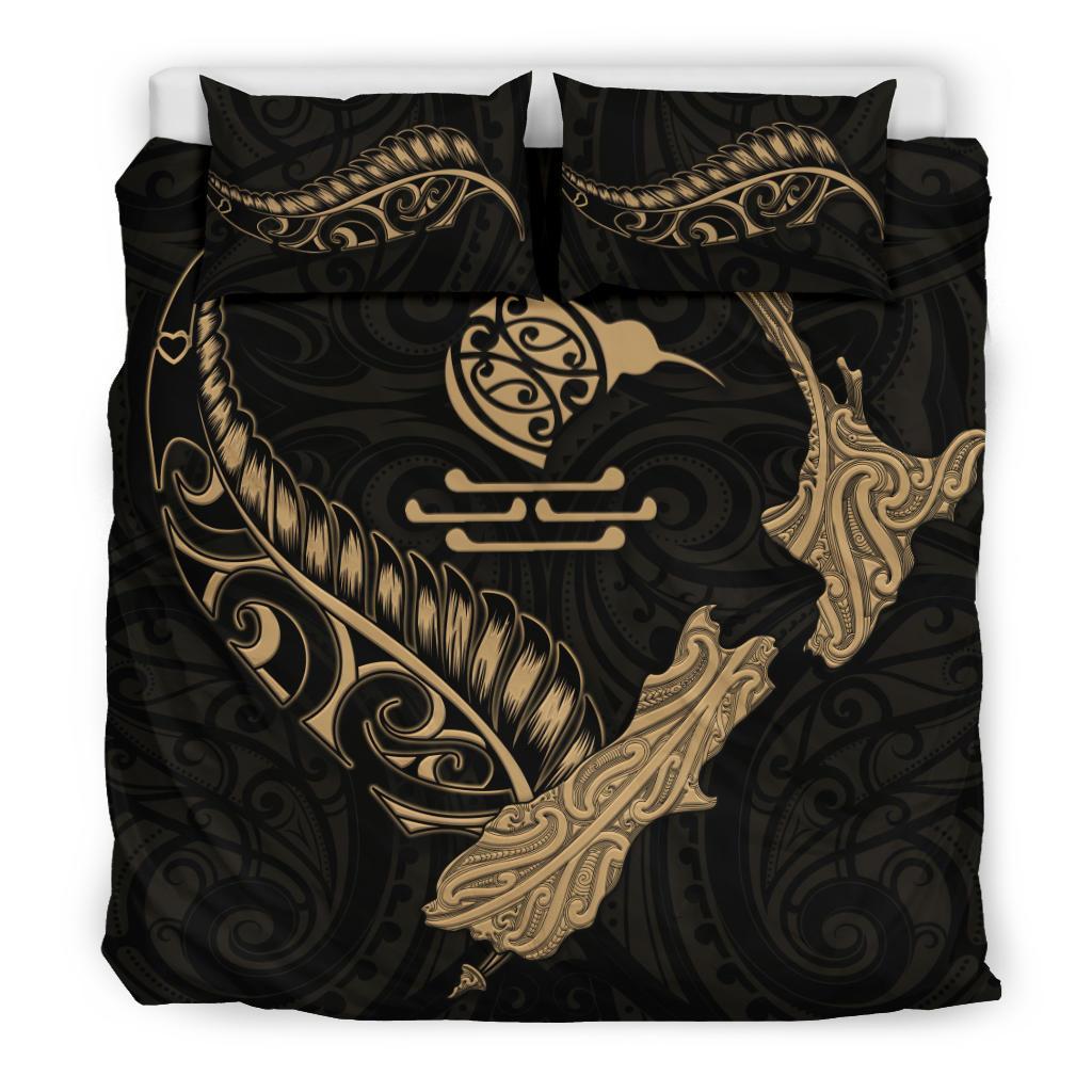 New Zealand Heart Bedding Set - Map Kiwi Mix Silver Fern Gold - Vibe Hoodie Shop