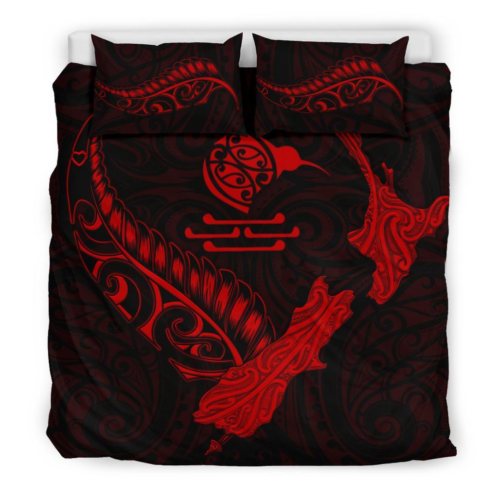 New Zealand Heart Bedding Set - Map Kiwi Mix Silver Fern Red - Vibe Hoodie Shop