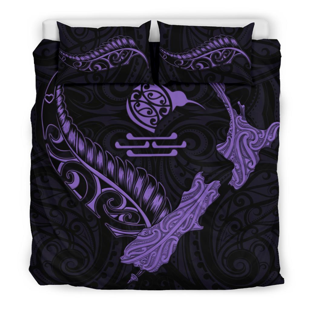 New Zealand Heart Bedding Set - Map Kiwi Mix Silver Fern Pastel Purple - Vibe Hoodie Shop