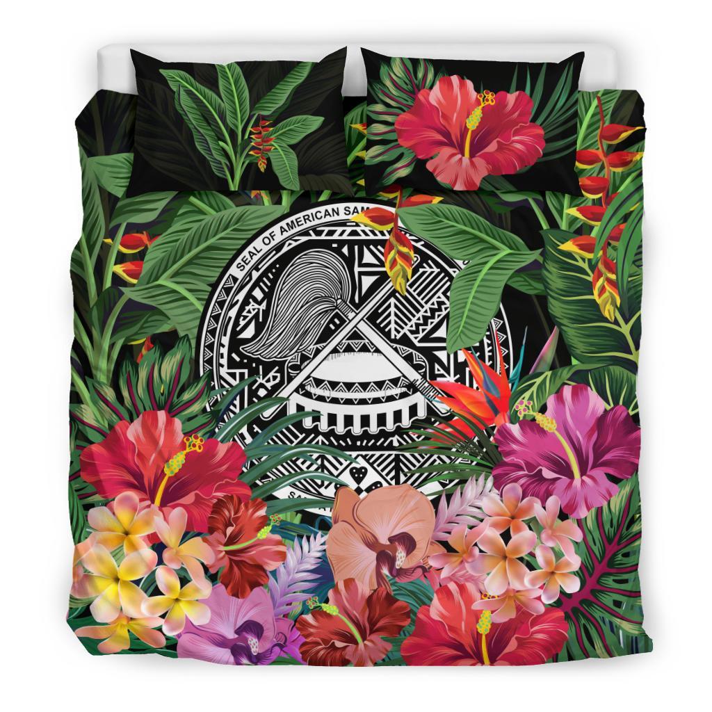 American Samoa Bedding Set - Coat Of Arms Tropical Flowers And Banana Leaves - Vibe Hoodie Shop