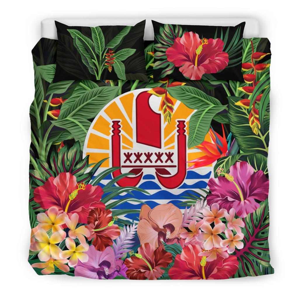 Tahiti Bedding Set - Coat Of Arms Tropical Flowers And Banana Leaves - Vibe Hoodie Shop