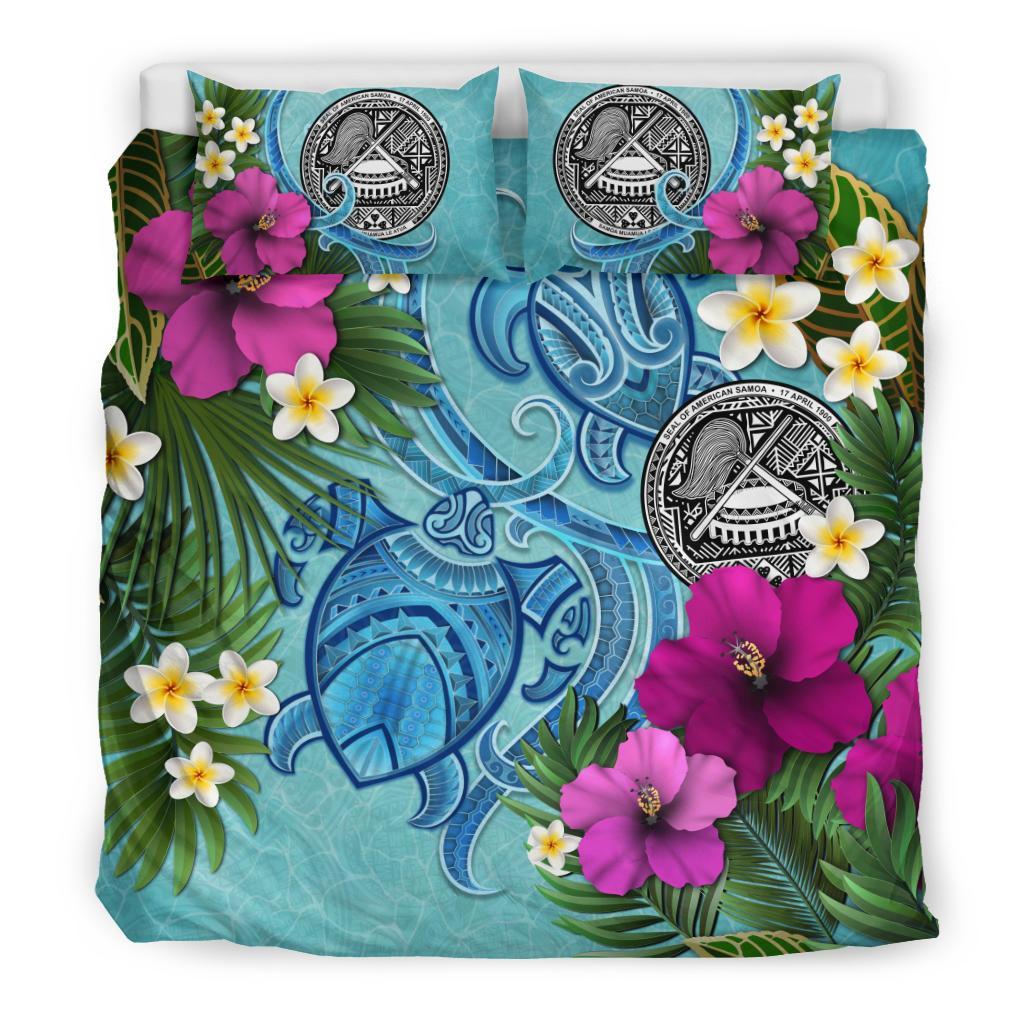 American Samoa Bedding Set - Polynesian Turtle Hibiscus And Plumeria - Vibe Hoodie Shop