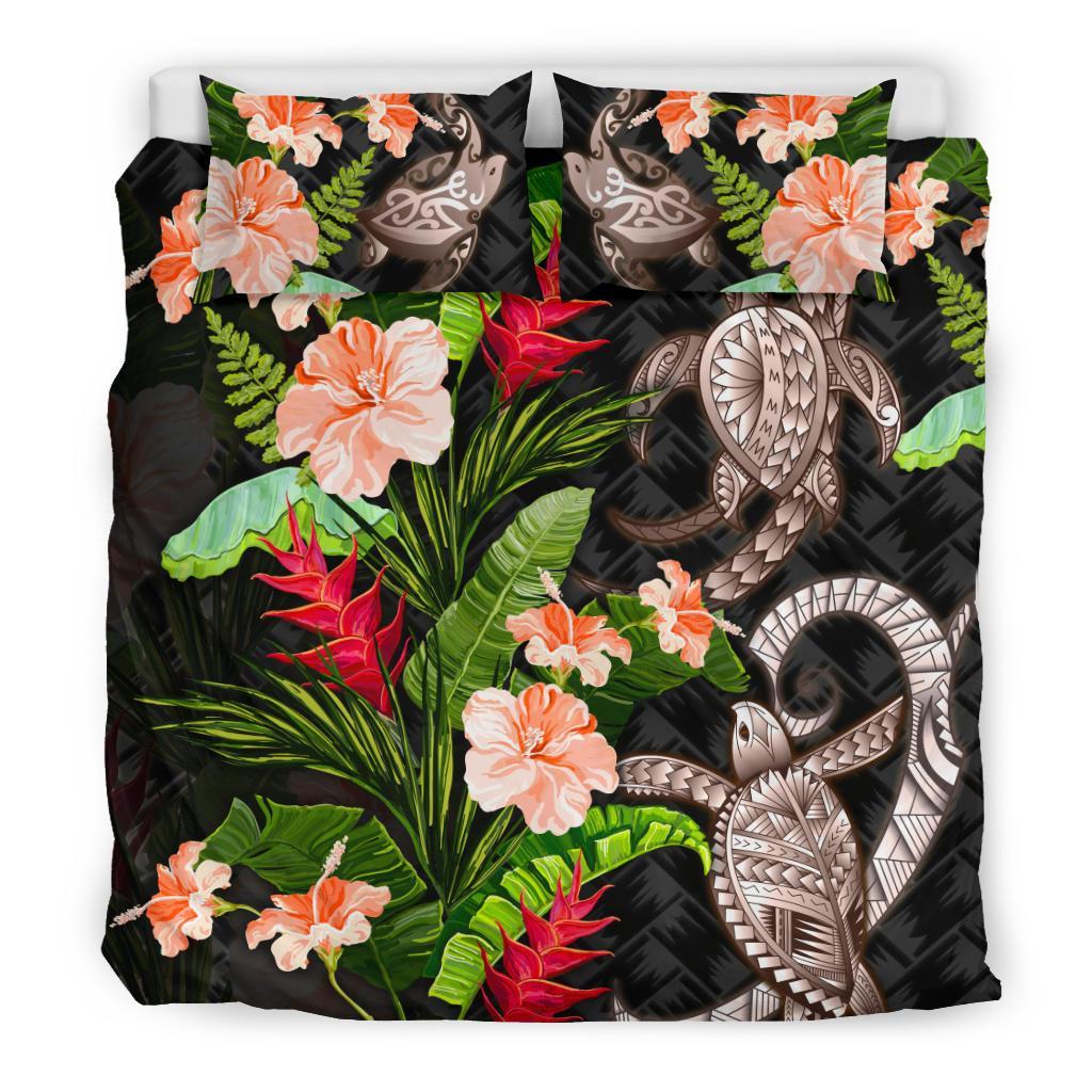 Turtle Polynesian Bedding Set Palm Leaf Hibiscus - Vibe Hoodie Shop