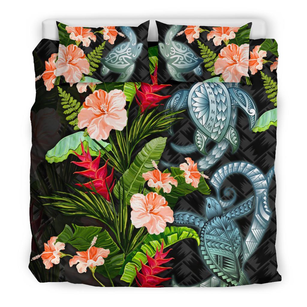 Turtle Bedding Set Palm Leaves Mix Hibiscus - Vibe Hoodie Shop